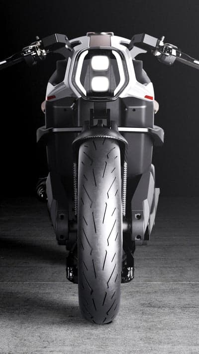 Futuristic Motorcycle Front View with LED Headlights