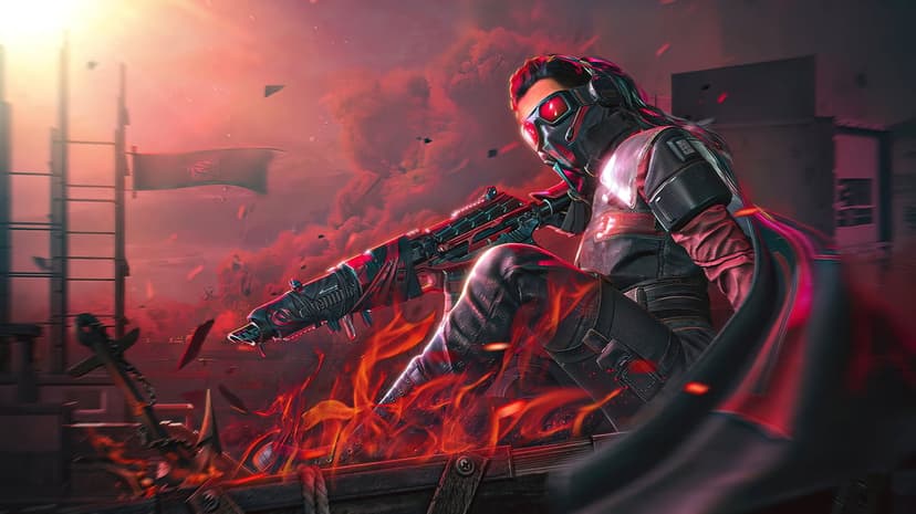 Female sci-fi soldier in red goggles holding a rifle while sitting above glowing flames in a smoky red sky scene.