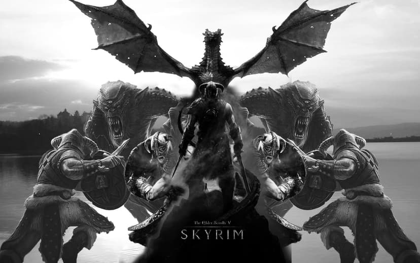 Dovahkiin stands before a massive dragon and frost trolls in a high-contrast black and white gaming scene.