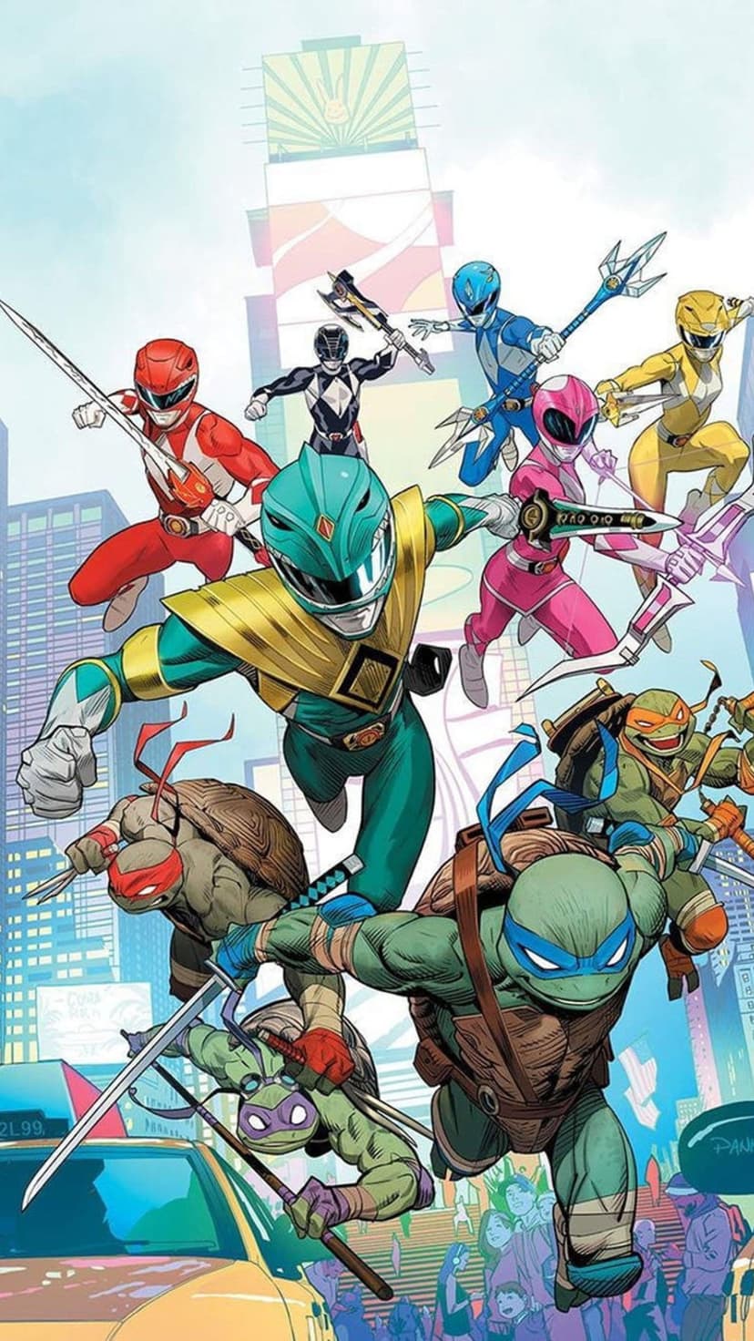 Power Rangers and Ninja Turtles striking action poses against a vibrant metropolitan skyline in comic book style.