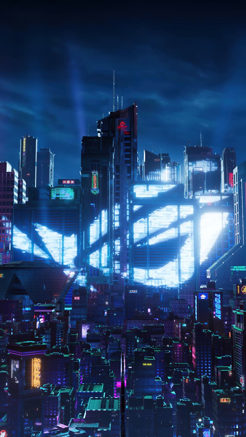 Neon skyscrapers and glowing tech logos shine amidst a dark, rainy metropolis during a futuristic night.