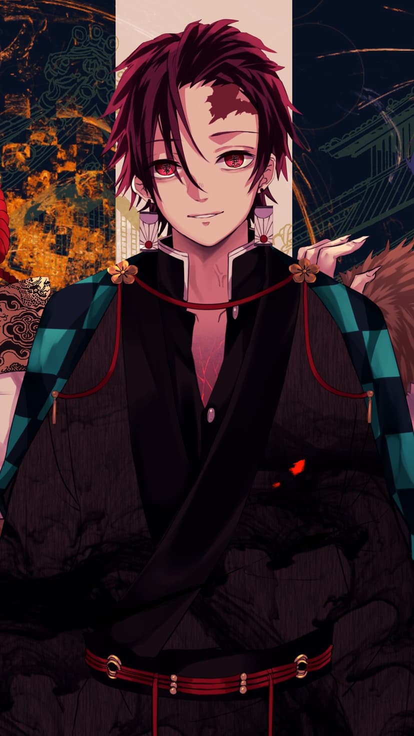 Tanjiro Kamado with red eyes and a forehead scar wears a checkered haori against a dark smokey background.