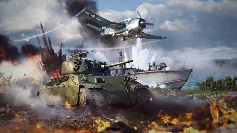 Detailed US tank on a fiery battlefield with a fighter plane flying overhead and a boat in the background.
