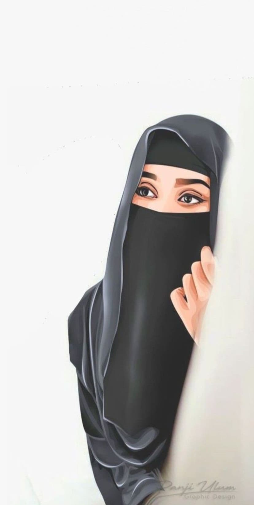 Woman wearing a black niqab with deep brown eyes visible against a plain white minimalist background.