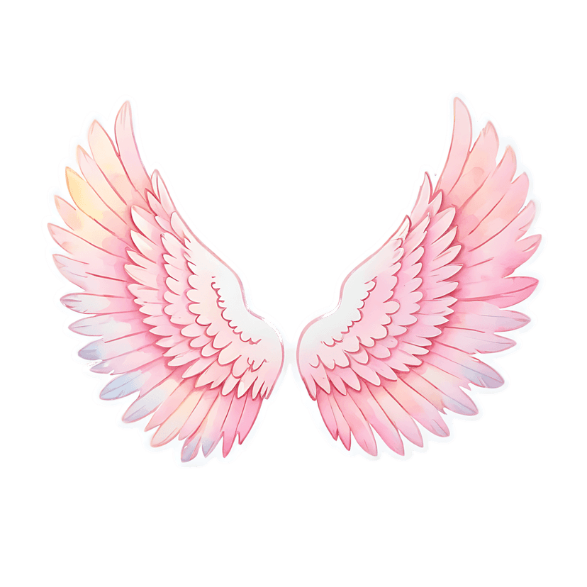 Pink angel wings sticker illustration with watercolor textures and soft pastel gradients on a white outline.