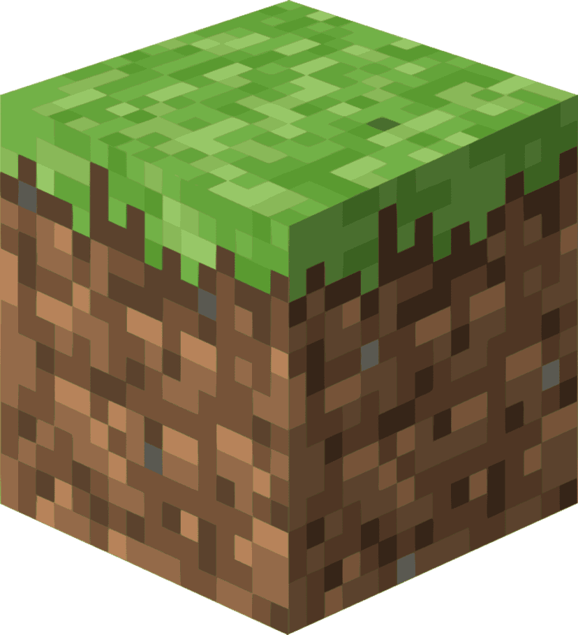 Minecraft grass block PNG displaying a 3D pixelated cube with green grass top and brown dirt side textures.