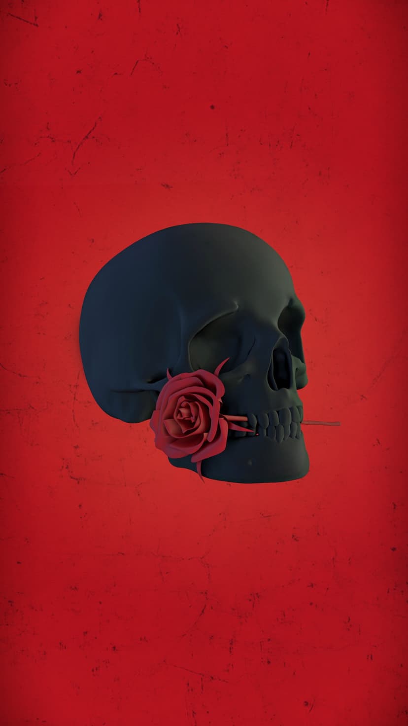 Matte black skull holds a crimson rose in its teeth against a textured red background with dramatic lighting.