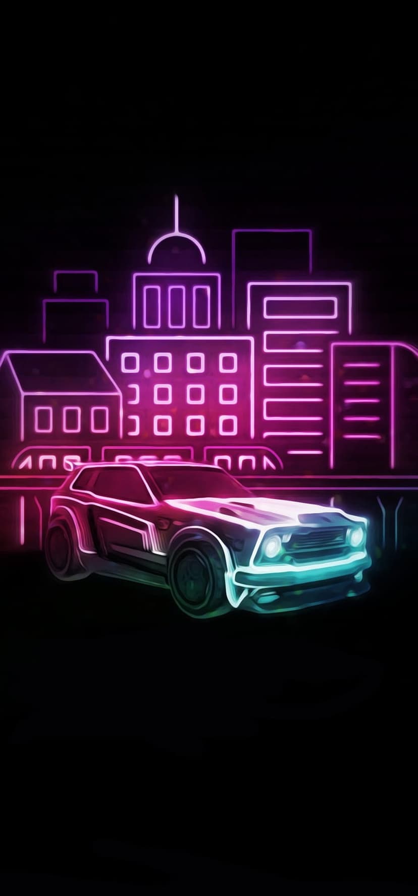 Sleek futuristic car with glowing teal accents speeds through a pink neon-outlined city skyline at night.