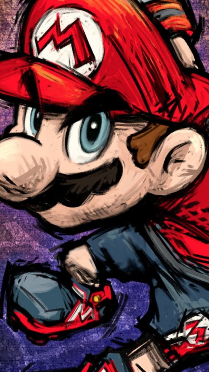 Mario with blue eyes and a red hat runs forward against a textured purple background with a painterly finish.