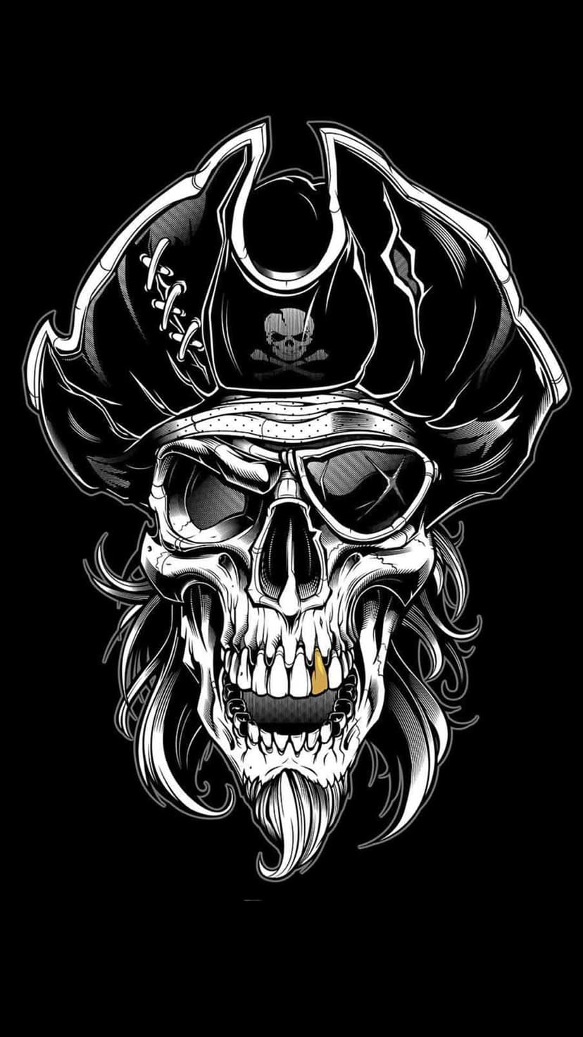 Pirate skull with long hair, beard, sunglasses, and a gold tooth wearing a tricorn hat with a skull emblem.