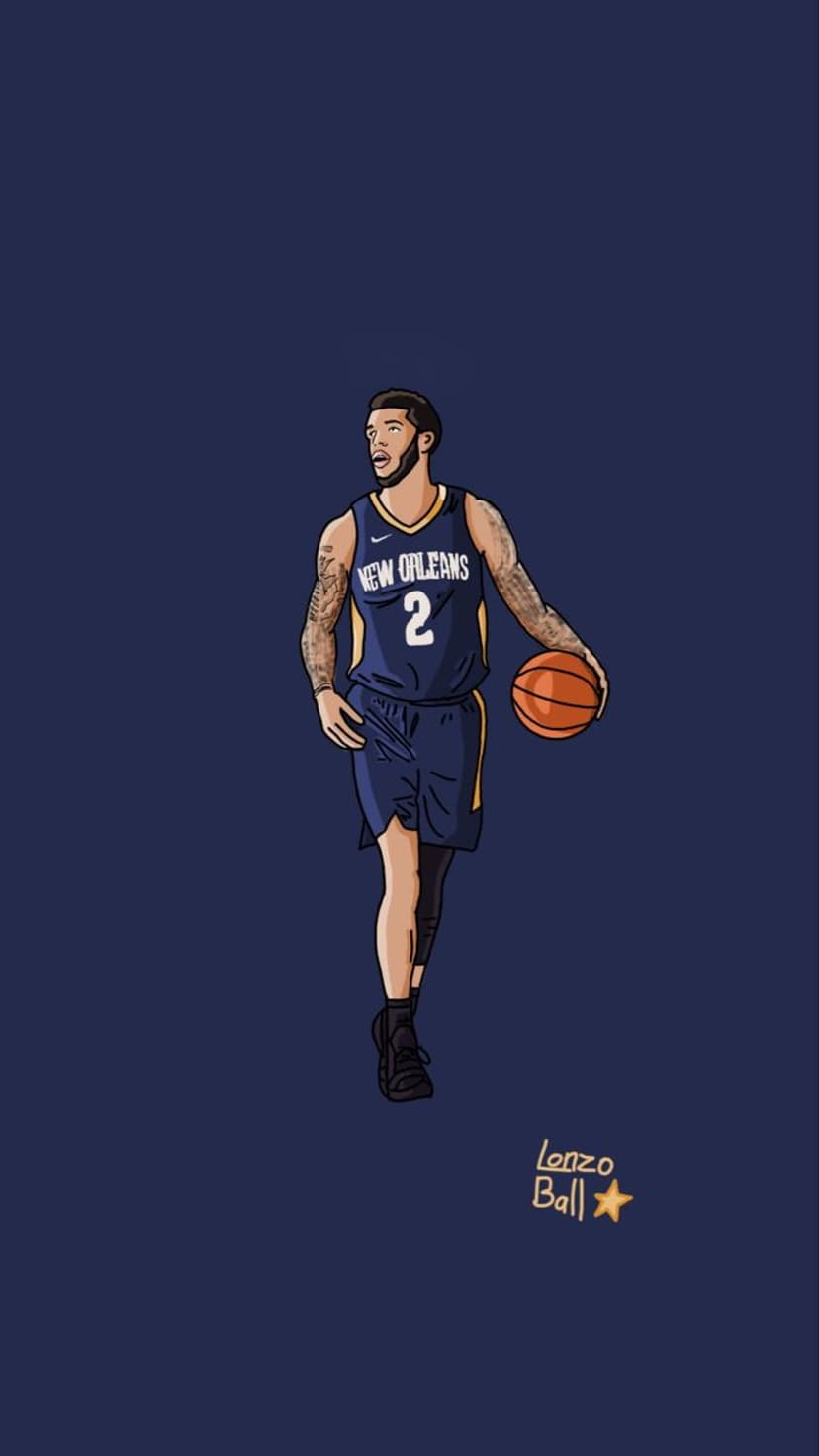 Lonzo Ball dribbles a basketball in a navy Pelicans jersey with visible arm tattoos and a signature in the corner.