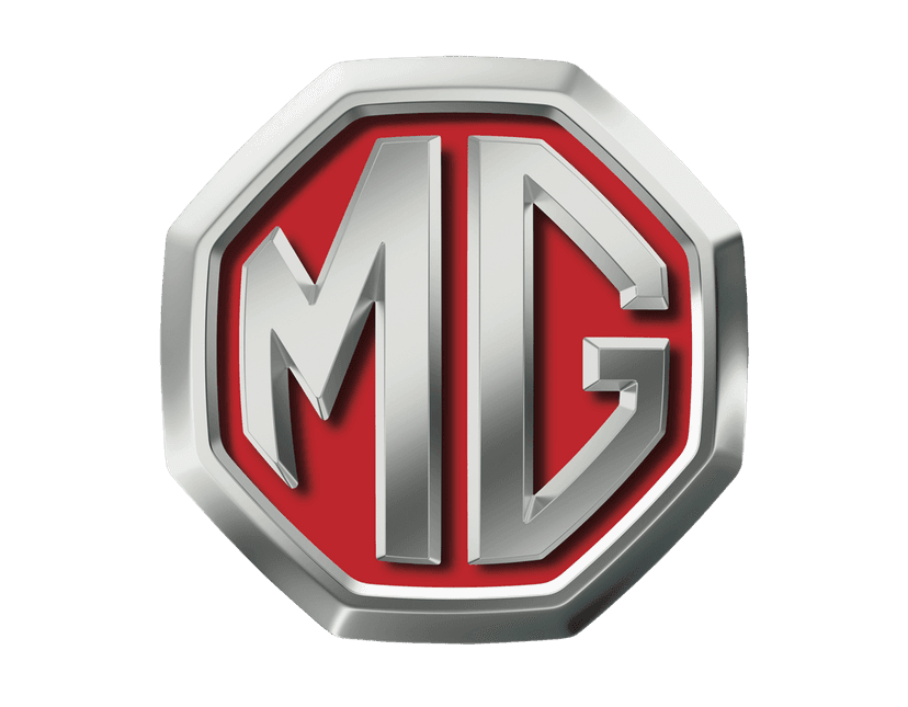 MG car logo featuring a red octagonal frame and silver metallic lettering over a transparent background.