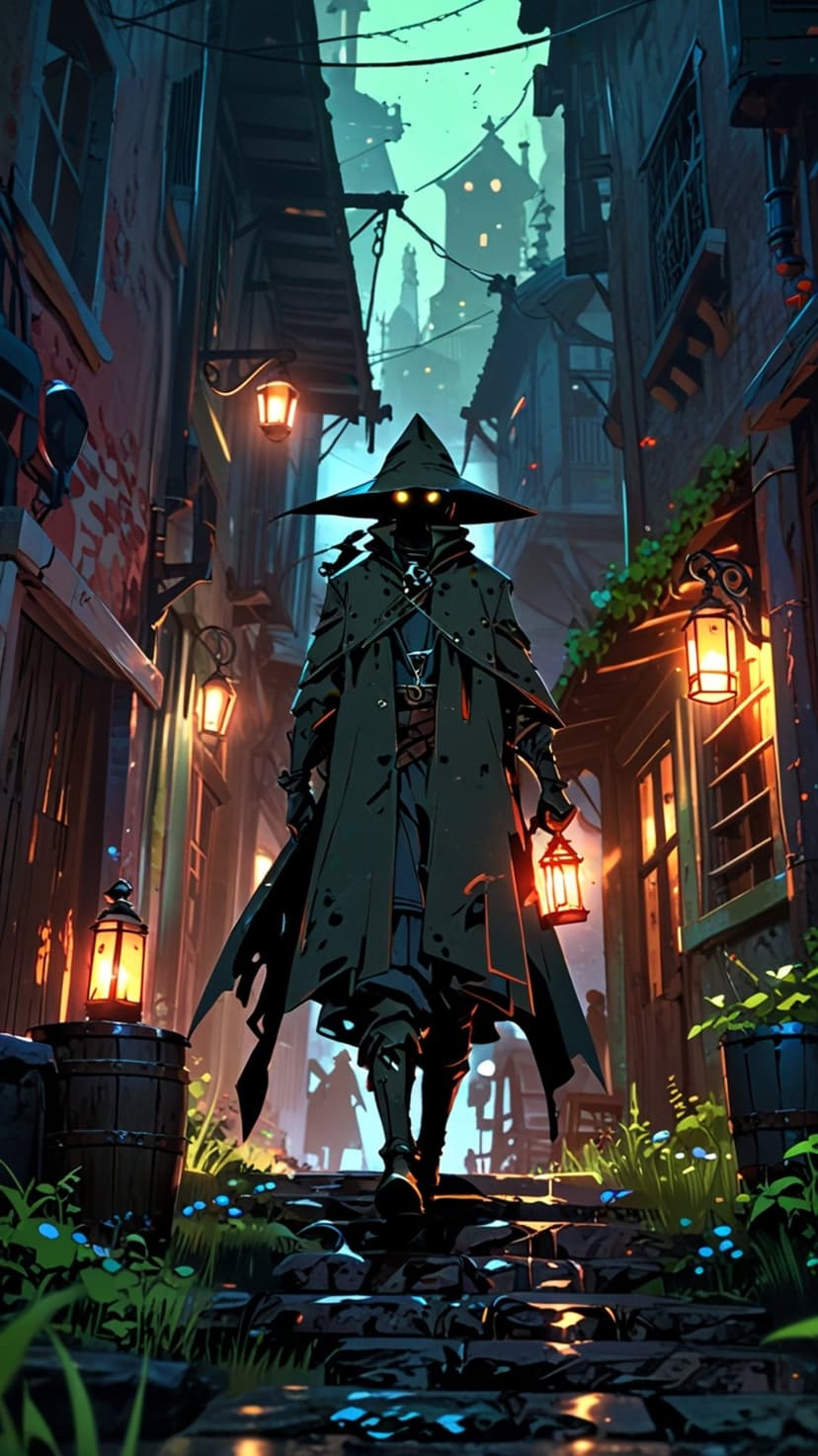 Cloaked figure with a wide hat walks down a cobblestone alleyway illuminated by glowing orange lanterns.