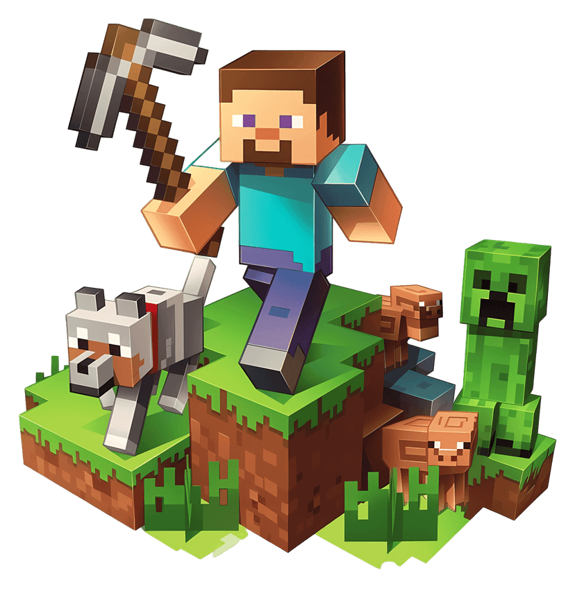 Minecraft characters Steve and Creeper stand on pixelated grass blocks in a vibrant 3D isometric gaming scene.
