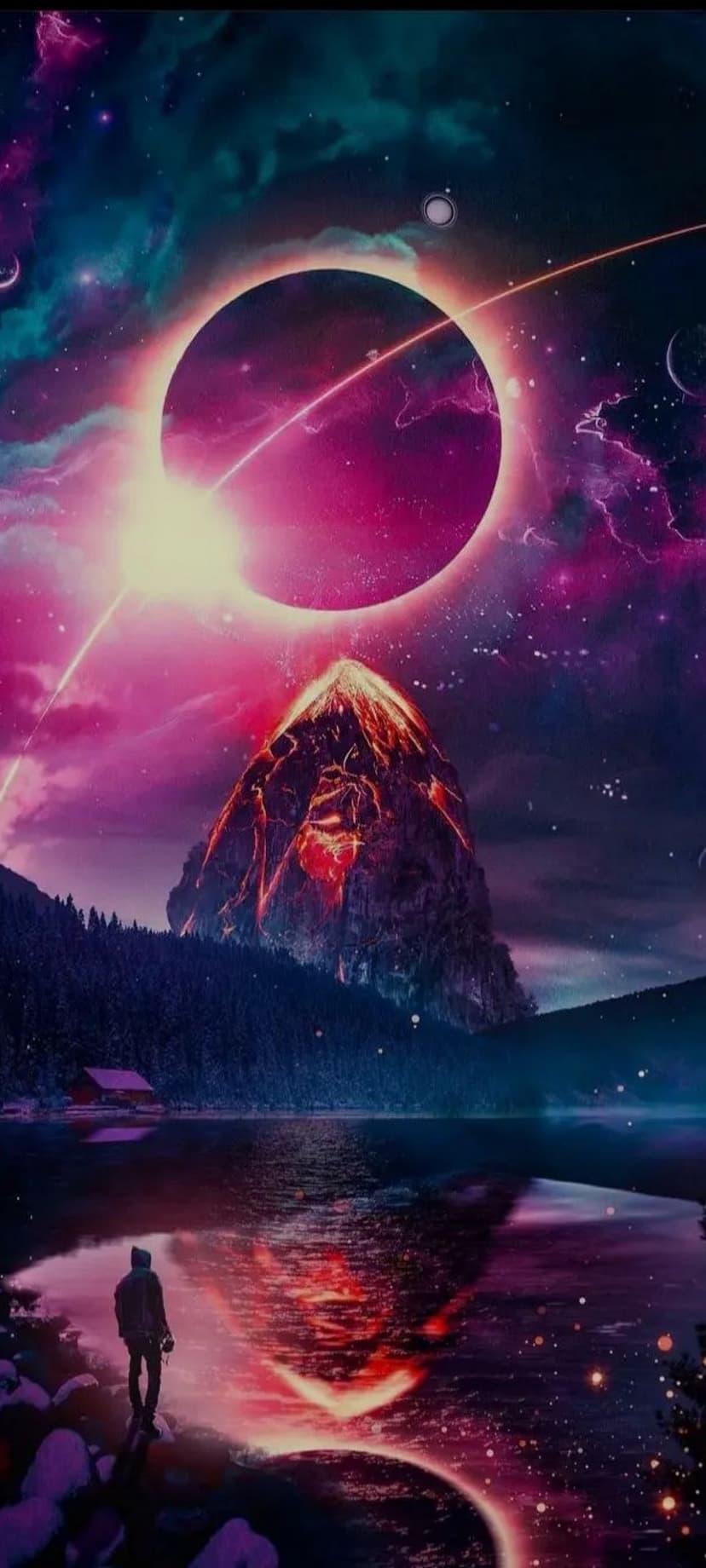 Glowing pink eclipse looms over a fiery erupting volcano reflected in a calm lake with a lone human silhouette.