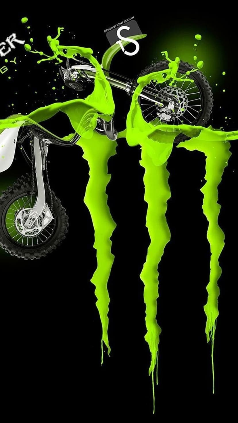 Motocross motorcycle positioned amidst fluorescent green splash effects and claw graphics over dark backdrop.