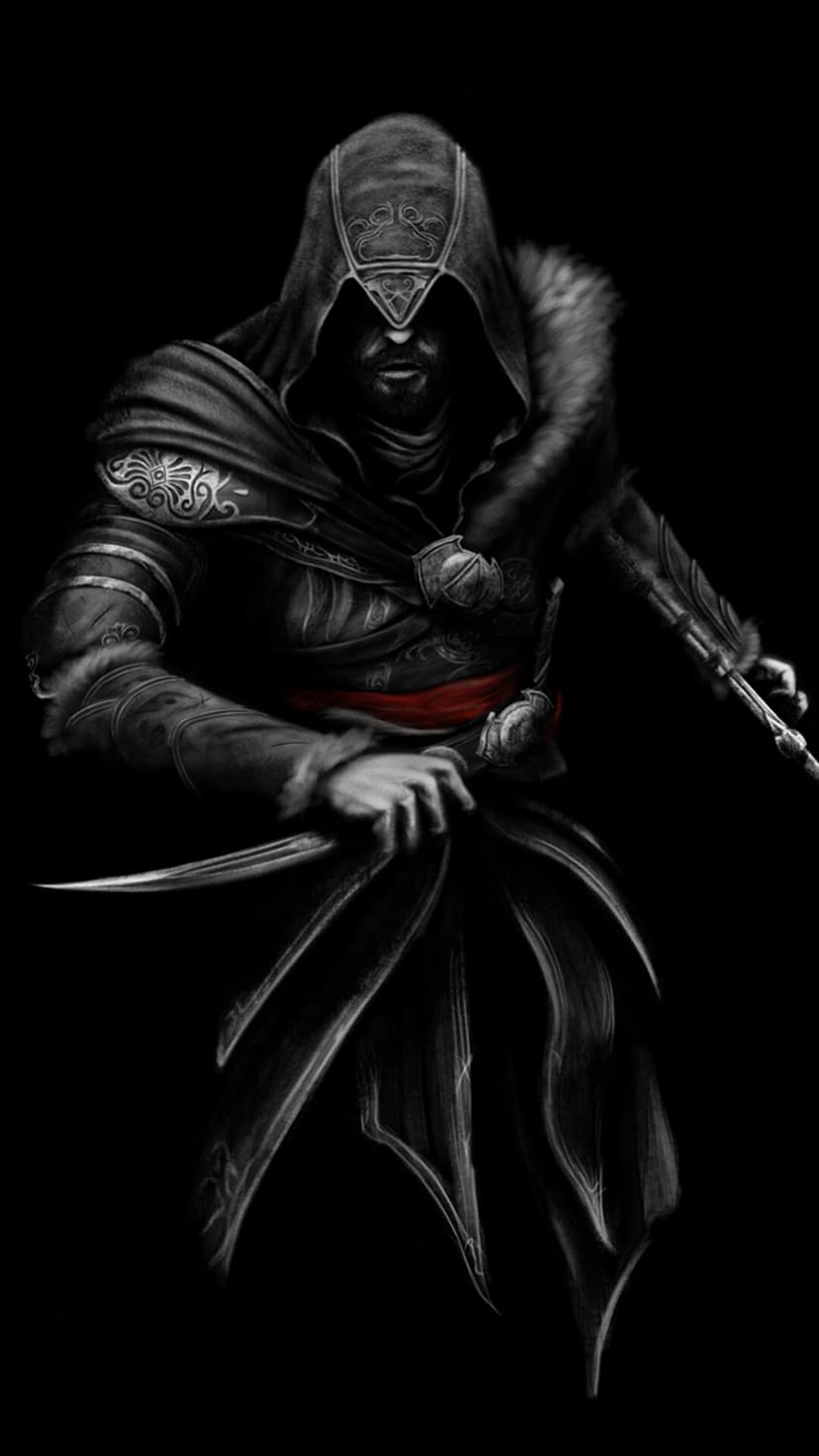 Ezio Auditore wearing a hooded assassin robe with a red sash, holding a hookblade against a black background.