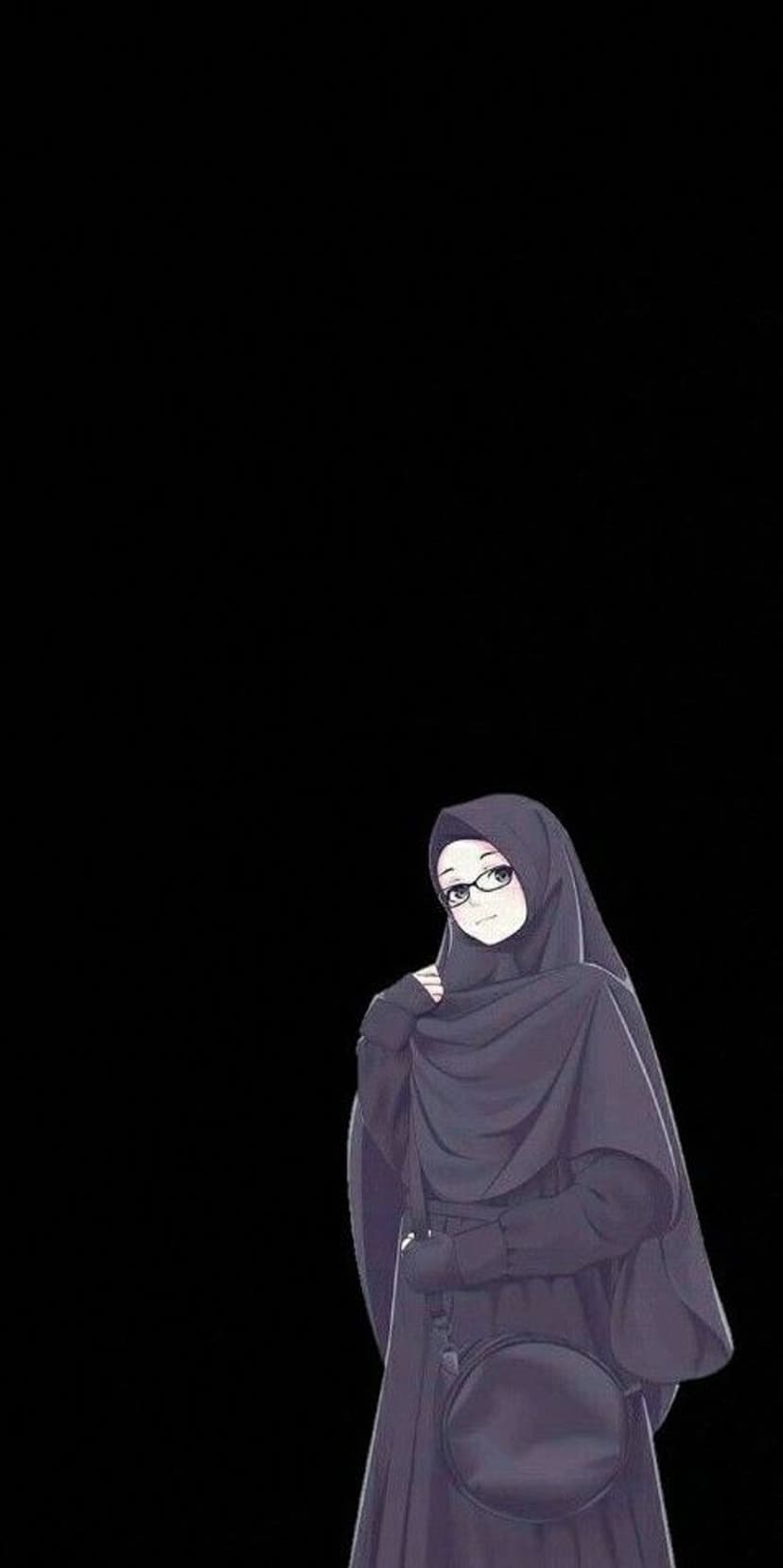 Hijabi woman with glasses and a round shoulder bag stands against a solid black background in a portrait pose.