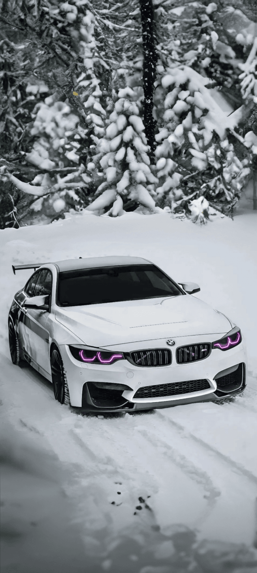 White BMW M4 sports car drifting on a snow-covered forest road with glowing pink headlights and tire tracks.