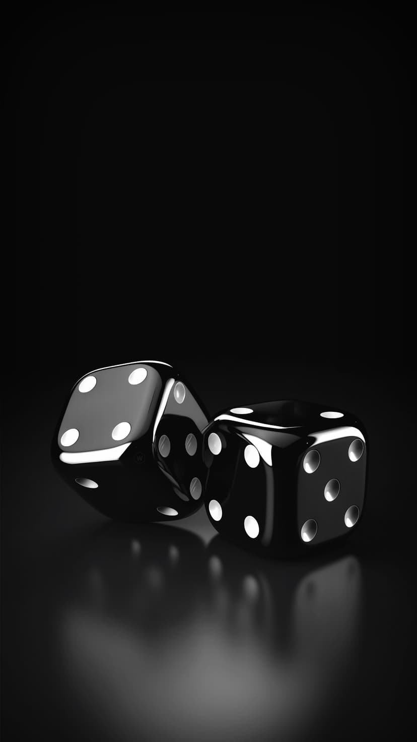 Black glossy dice with white pips sit on a dark reflective floor with soft lighting and deep shadows.
