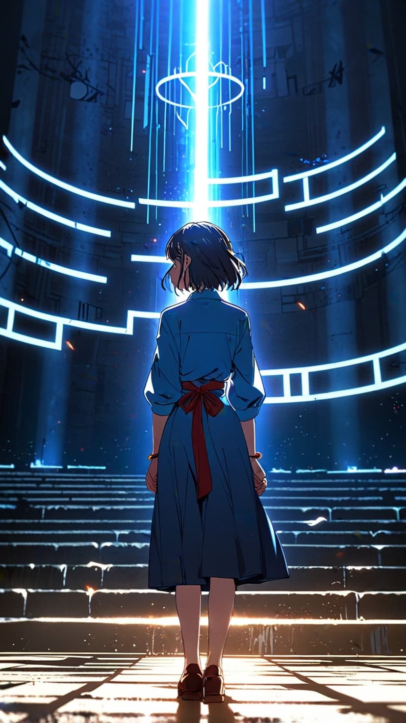Anime girl in a blue dress stands on stone stairs looking at a vertical blue light beam in a circular room.