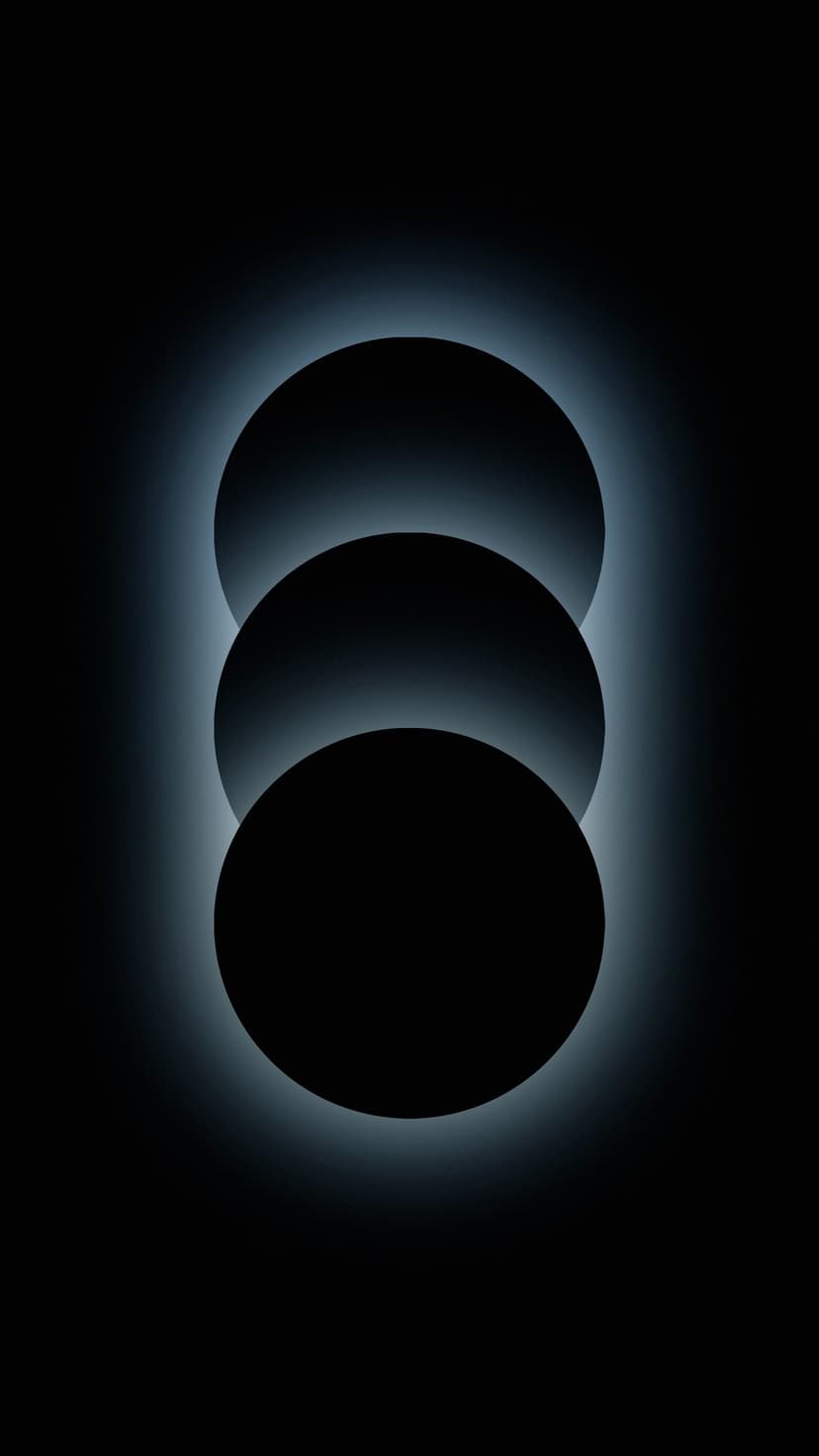 Three stacked black circles with neon blue outer glows overlap vertically against a solid pitch-black backdrop.