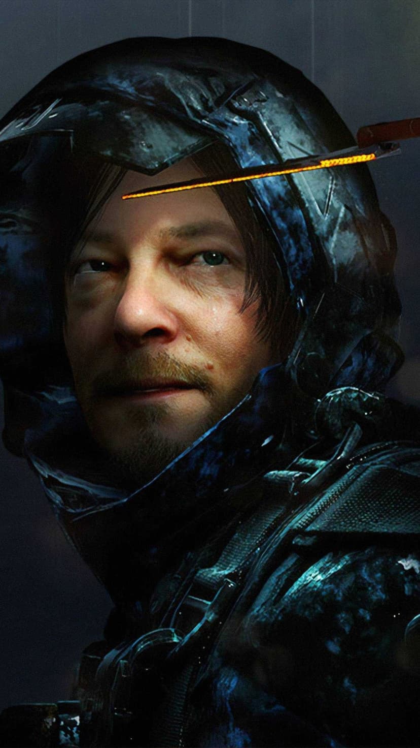 Sam Porter Bridges in weathered gear with a glowing orange scanner and an emotional, realistic facial expression.