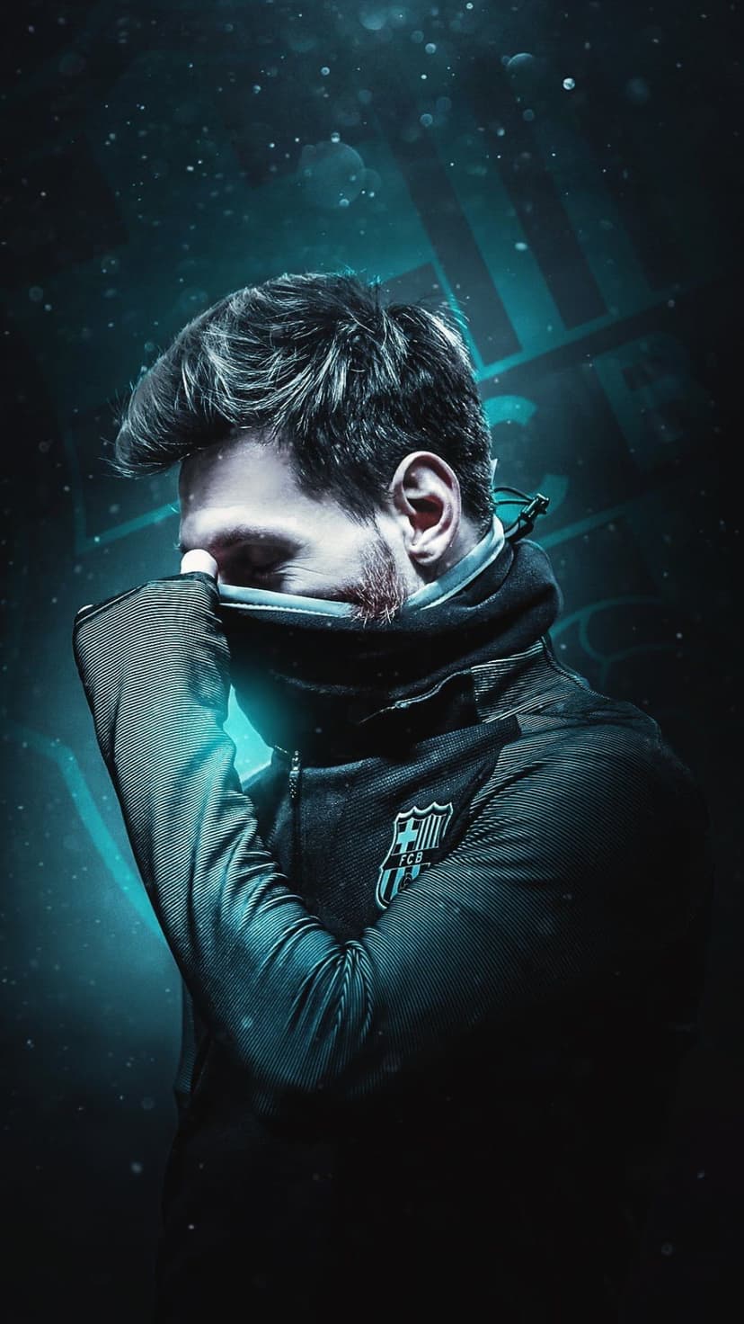 Lionel Messi raises his jacket collar under electric blue light with glowing particles in a dark environment.