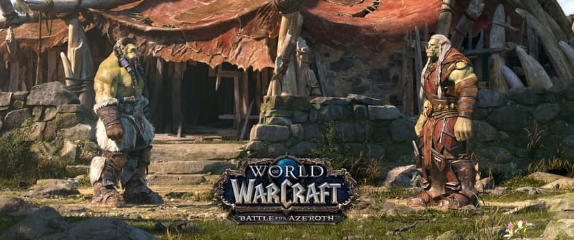 Thrall and Varok Saurfang Orcs standing before a stone hut in a cinematic Battle for Azeroth scene.