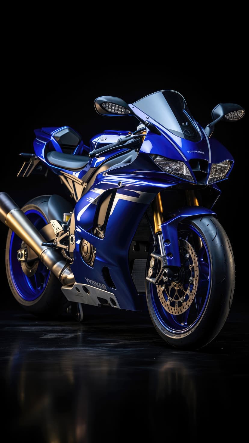 Blue Yamaha sportbike with silver accents and aerodynamic fairings stands against a stark black background.