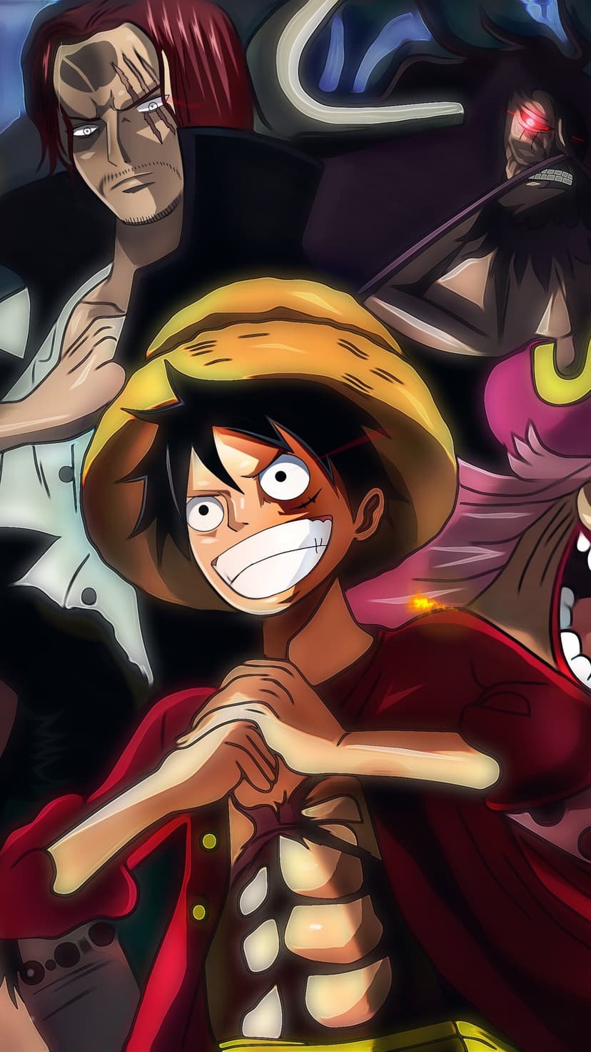Monkey D. Luffy wears his straw hat while flanked by Shanks and Kaido in a vertical brushstroke-style layout.