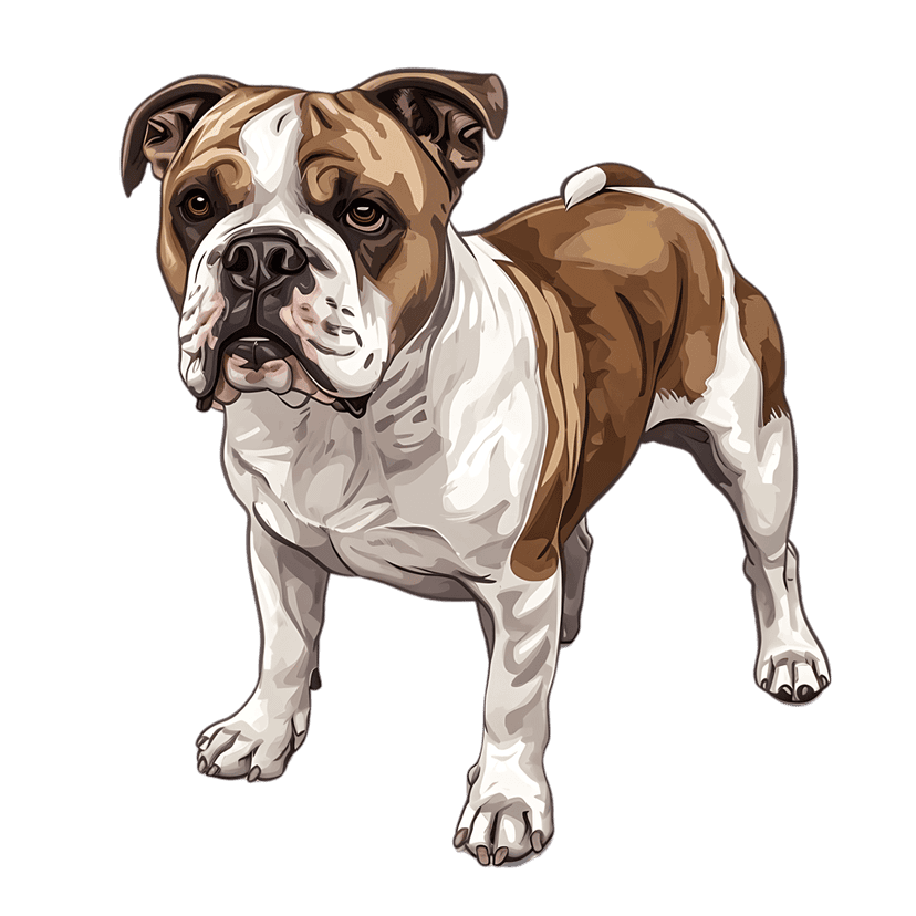 American Bulldog illustration standing with brown and white markings against a solid black background profile view.