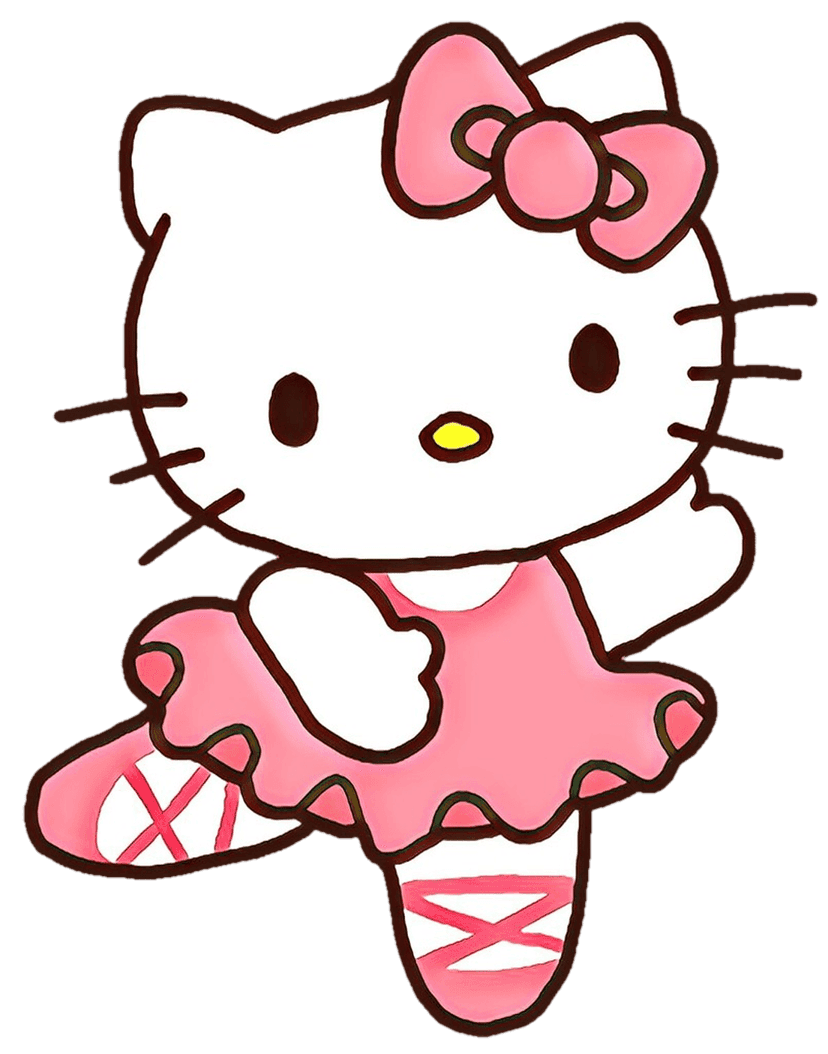 Hello Kitty ballerina wearing a pink tutu and slippers in a standing dance pose with a yellow nose and bow.