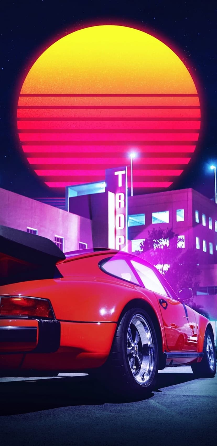 Orange sports car parked in front of a neon purple building under a pink and yellow striped sunset.