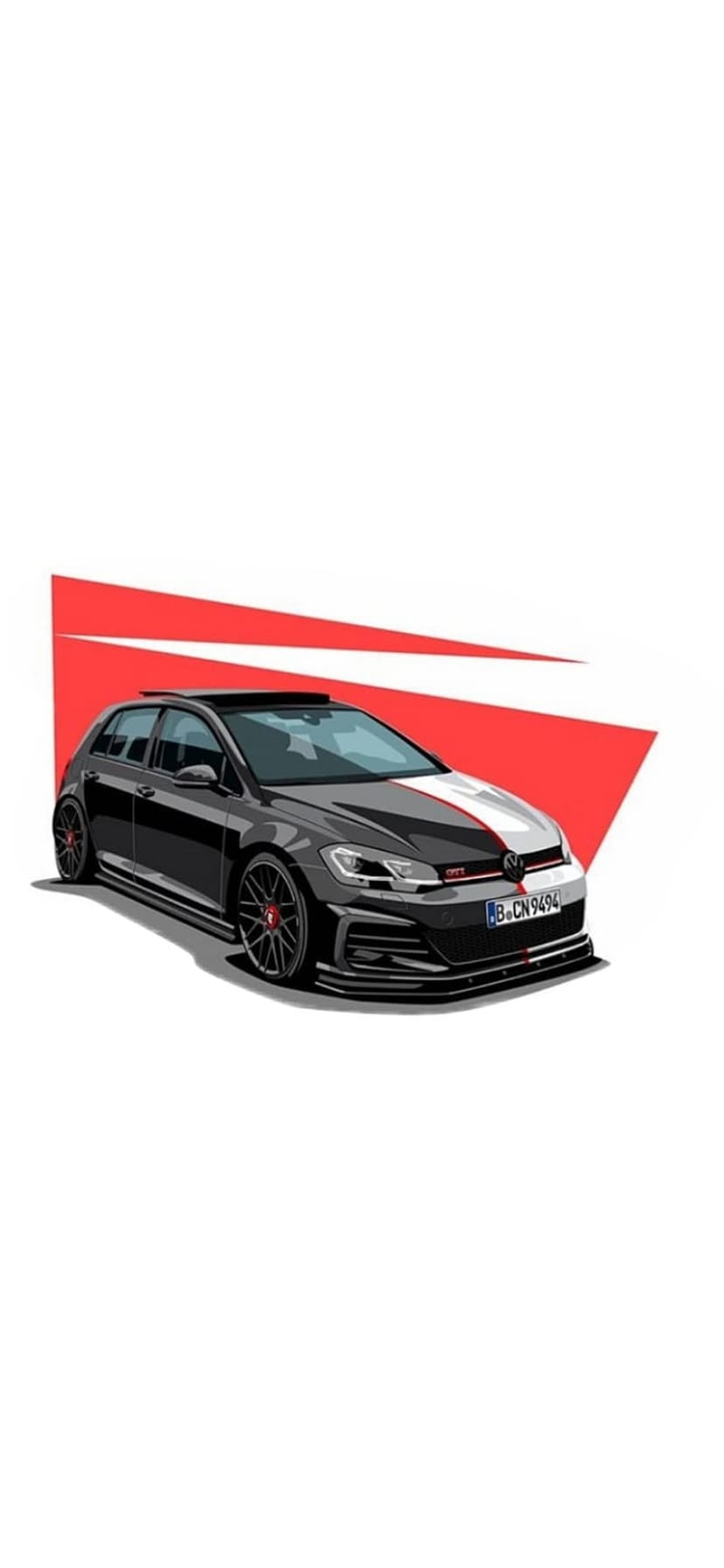 Black Volkswagen Golf GTI with a red hood stripe and custom wheels against a split white and red background.