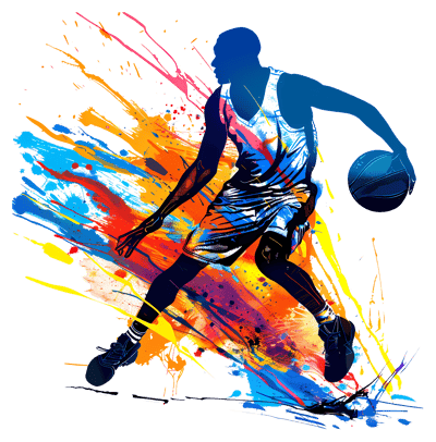 basketball silhouette,player in action,sports illustration,dynamic motion art,athletic energy,game moment,team sports,competitive gameplay,vivid basketball art,sports-themed design,action pose,fitness strength,artistic sports,paint splash effect,dunk shot,fast break,court action,sports energy