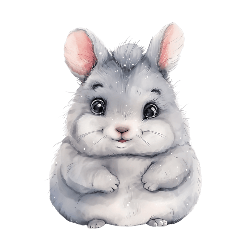 Fluffy grey hamster watercolor illustration with pink ears and white sparkles on a transparent background.
