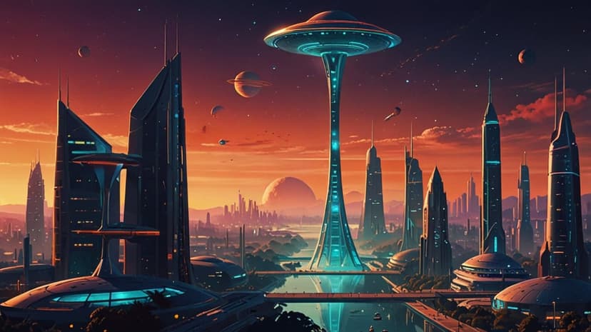 Glowing neon skyscrapers and hovering transport vehicles reflect in calm water under a vibrant orange sunset.