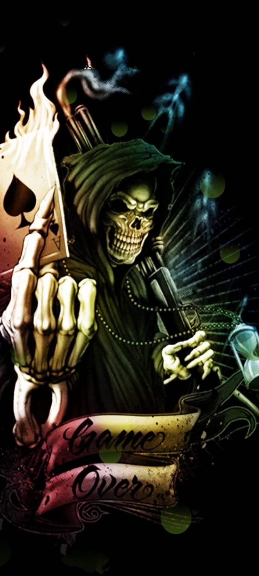 Skeletal reaper holding a gun and Ace of Spades card with Game Over text and orange flames in the background.