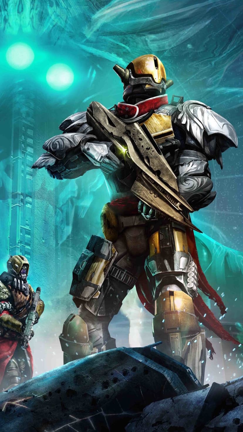 An armored warrior wearing a golden helmet holds a jagged rifle against a glowing teal sci-fi background.