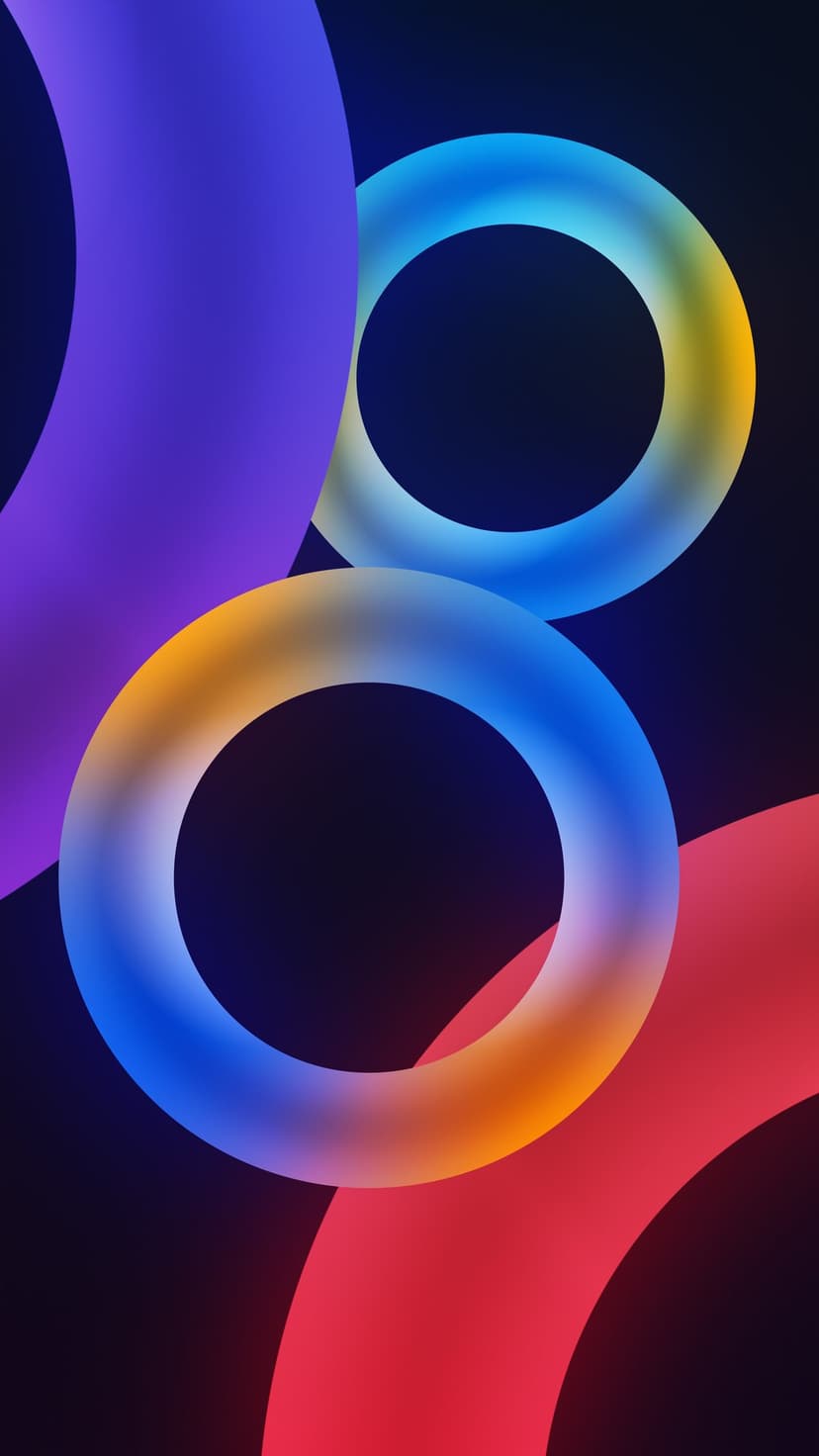 Luminous rings in purple, blue, and yellow hues feature soft blurred edges against a deep black background.