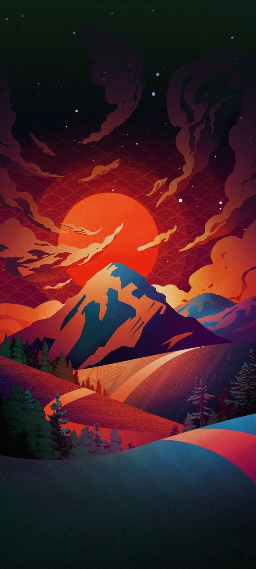 Jagged mountain peak under a massive orange sun and swirling purple clouds with textured hills in the foreground.