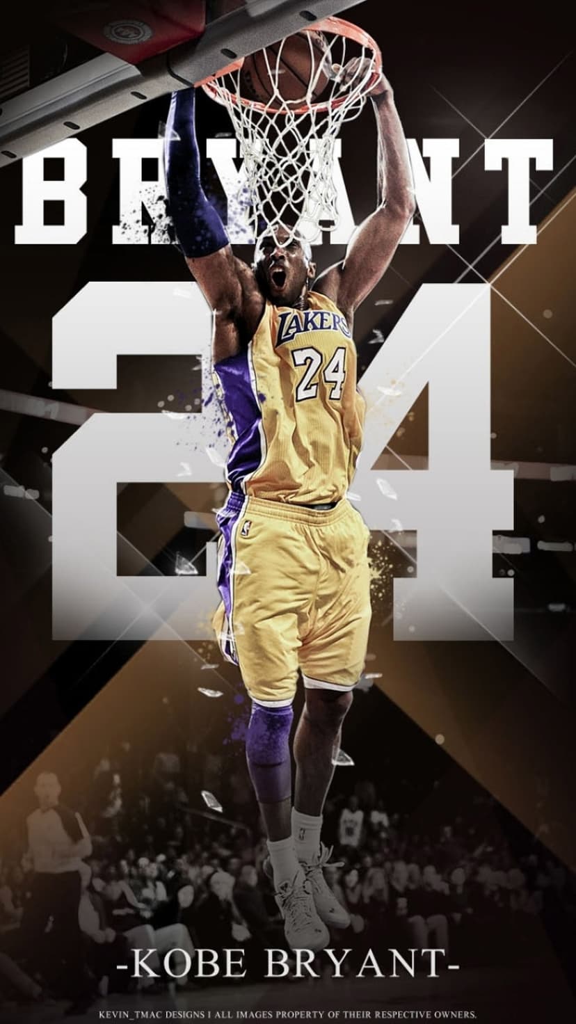 Kobe Bryant hangs from the rim after a dunk in a yellow number 24 Lakers jersey before a dark golden background.