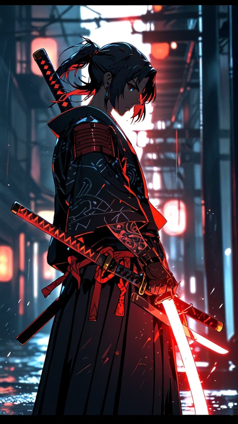 Cybernetic samurai holding a glowing red katana in a dark, neon-lit futuristic city alleyway at night.
