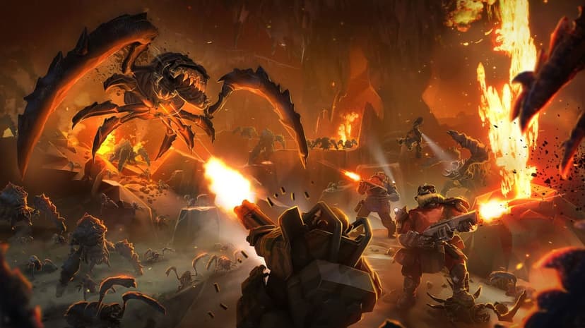 Dwarves firing heavy weapons at a giant alien spider in a glowing red cavern with muzzle flashes and fire.