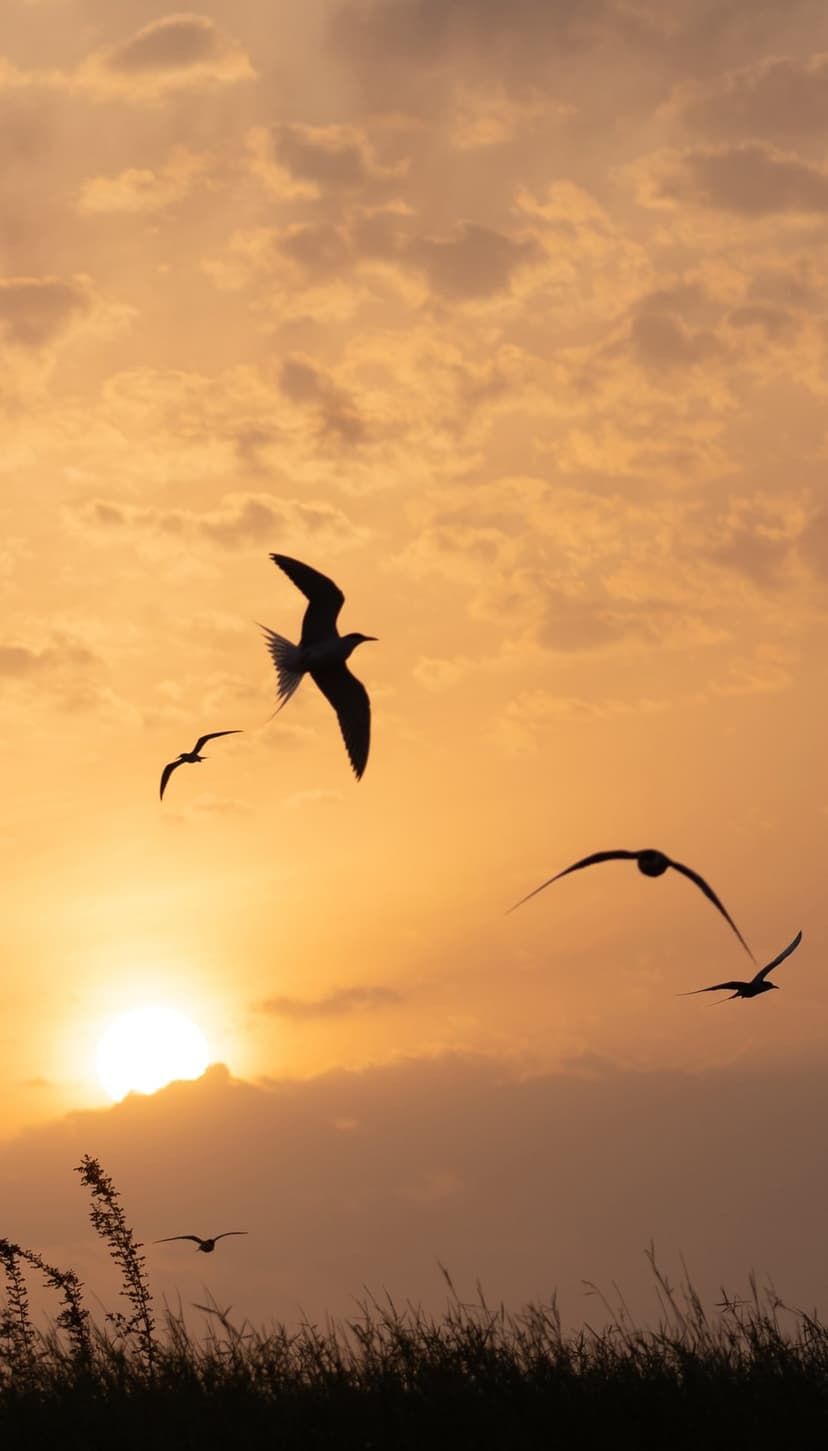 Birds in flight glide over a grassy field against a vibrant orange sunset sky with textured golden clouds.
