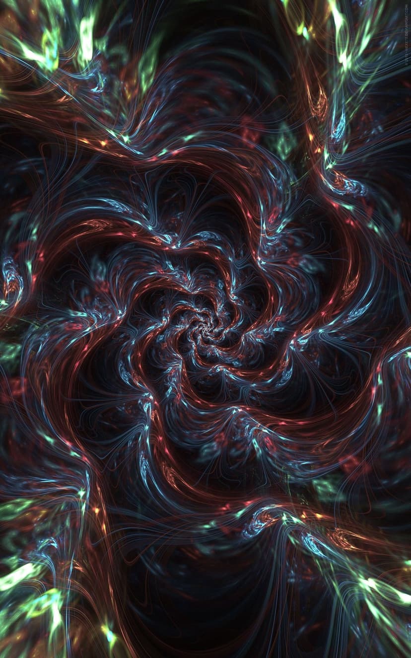 Luminous neon green, blue, and red light streaks spiraling in a central fractal pattern on a black background.