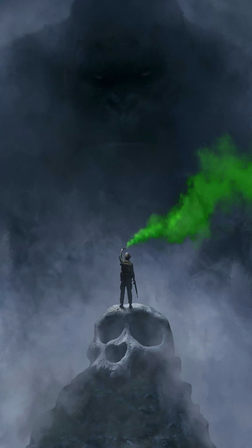 Soldier standing on a massive bone skull holding a green smoke flare as a giant ape shadow looms in the fog.