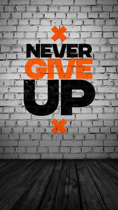 Never Give Up motivational quote on brick wall