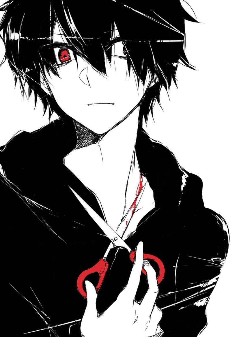 Dark-haired anime boy with glowing red eyes holding scissors near his chest, featuring subtle blood on his neck.